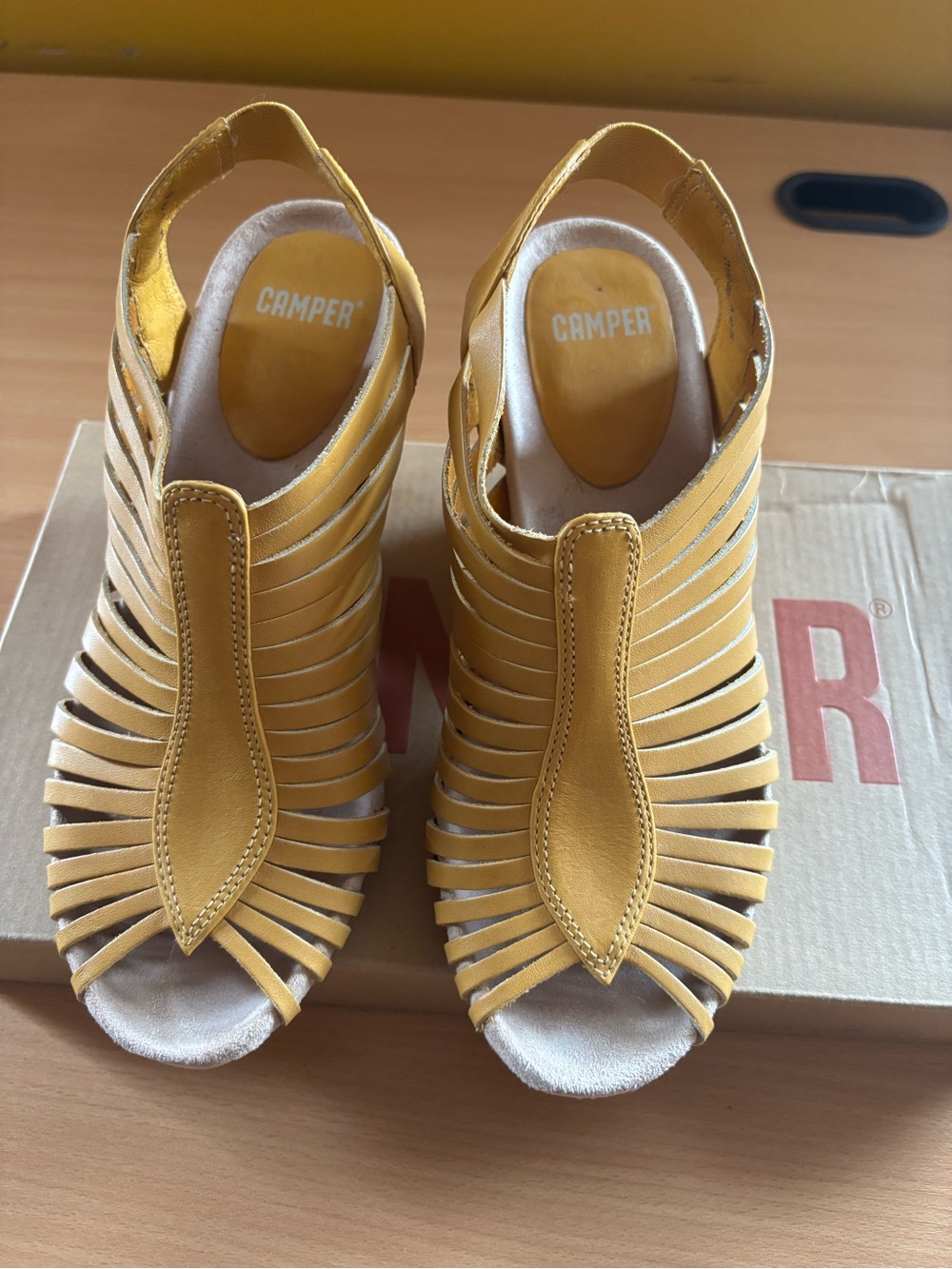 Camper Yellow Strappy Leather Slingback Sandals